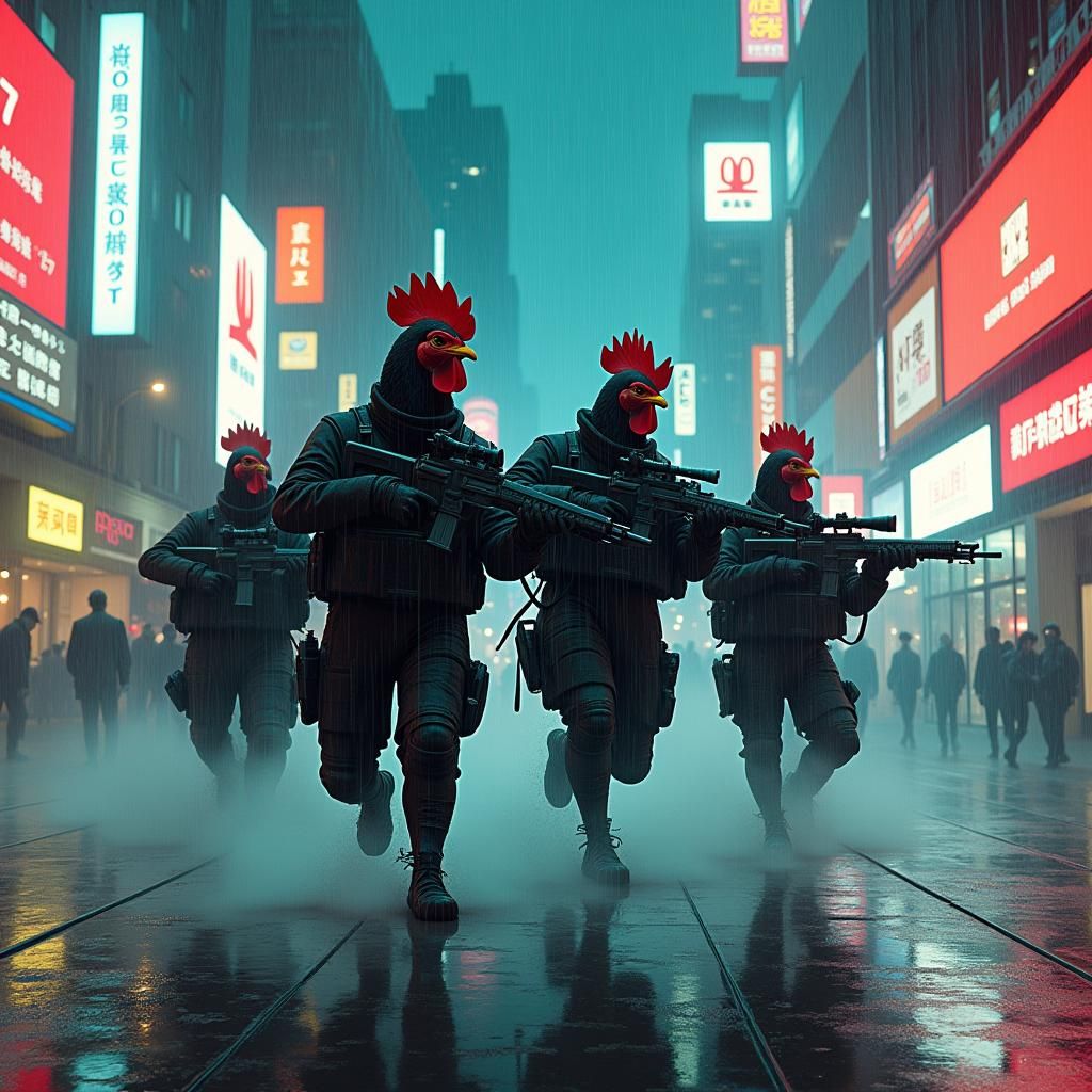 Cybernetic Chicken SWAT Team in Dystopian Metropolis