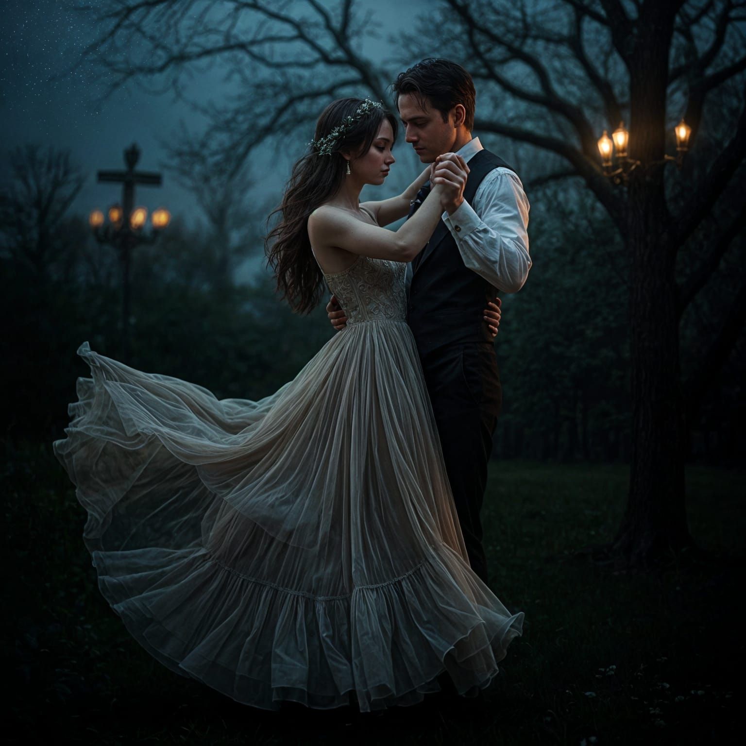 Whimsical Gothic Portrait of a Woman Dancing in a Double Exp...