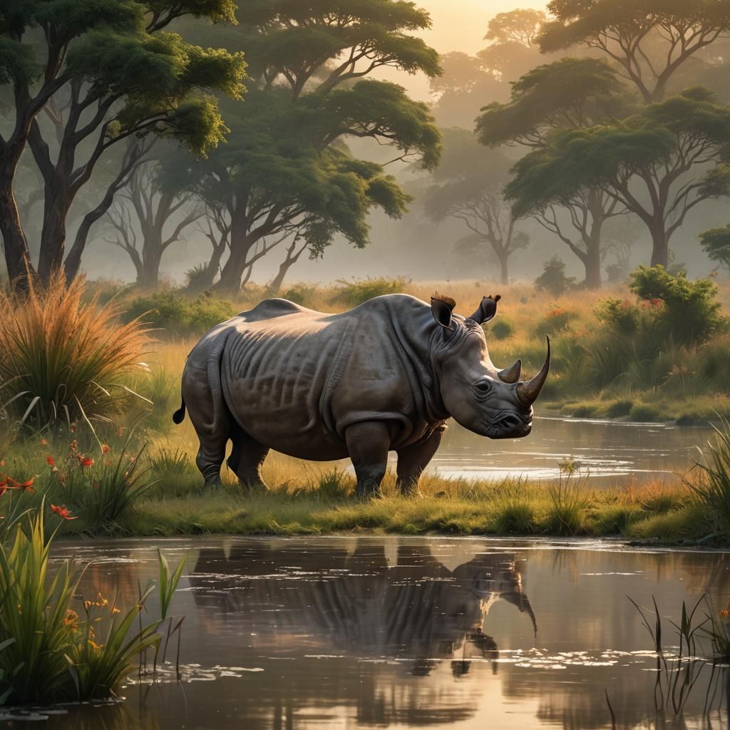 Rhino Drinks at Dawn in Misty Savanna