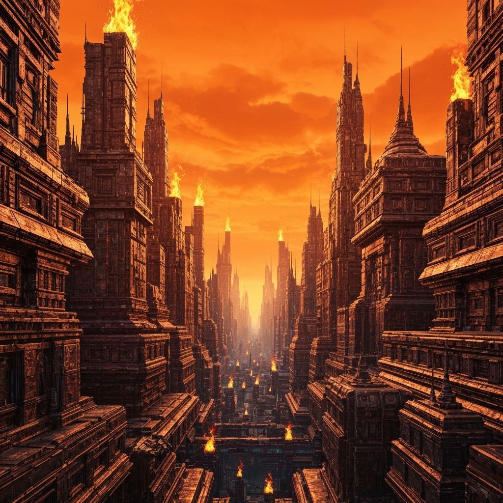Afrofuturistic Psychedelic Cityscape of Copper and Flames