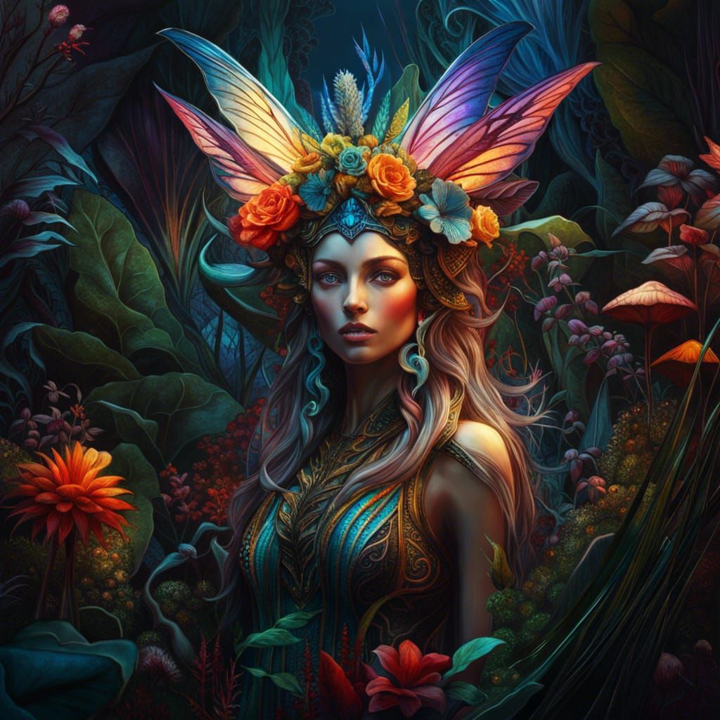 Surreal Fairy in Fantastical Garden, 3D Render