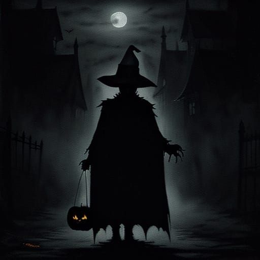 Child Trick-or-Treating in Eerie Dark Neighborhood