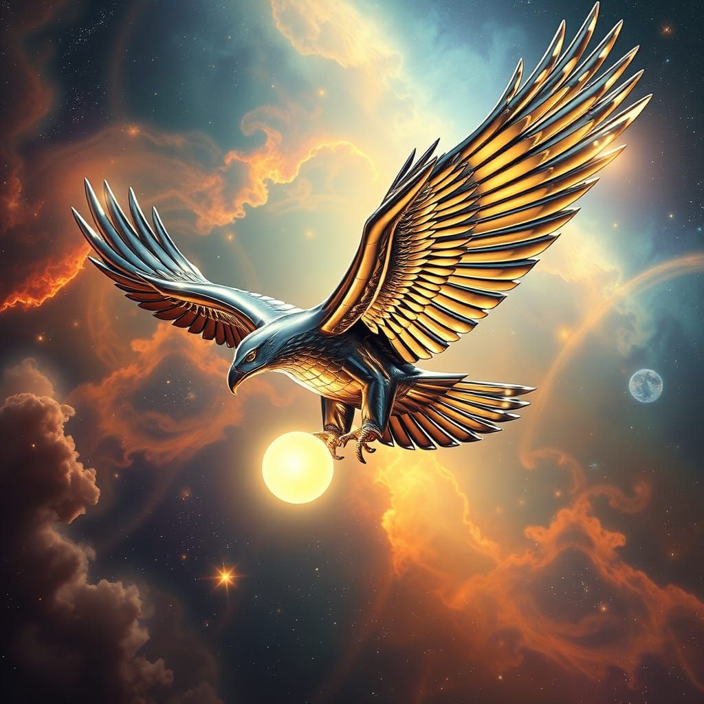 Chrome Eagle Soaring Through Nebula in Cosmic Art Deco