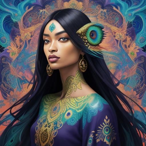 Dragon Peacock Woman in Abstract Floral Art