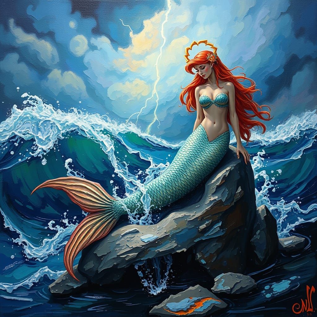 Mermaid in Stormy Sea with Lightning, Impasto Oil Painting