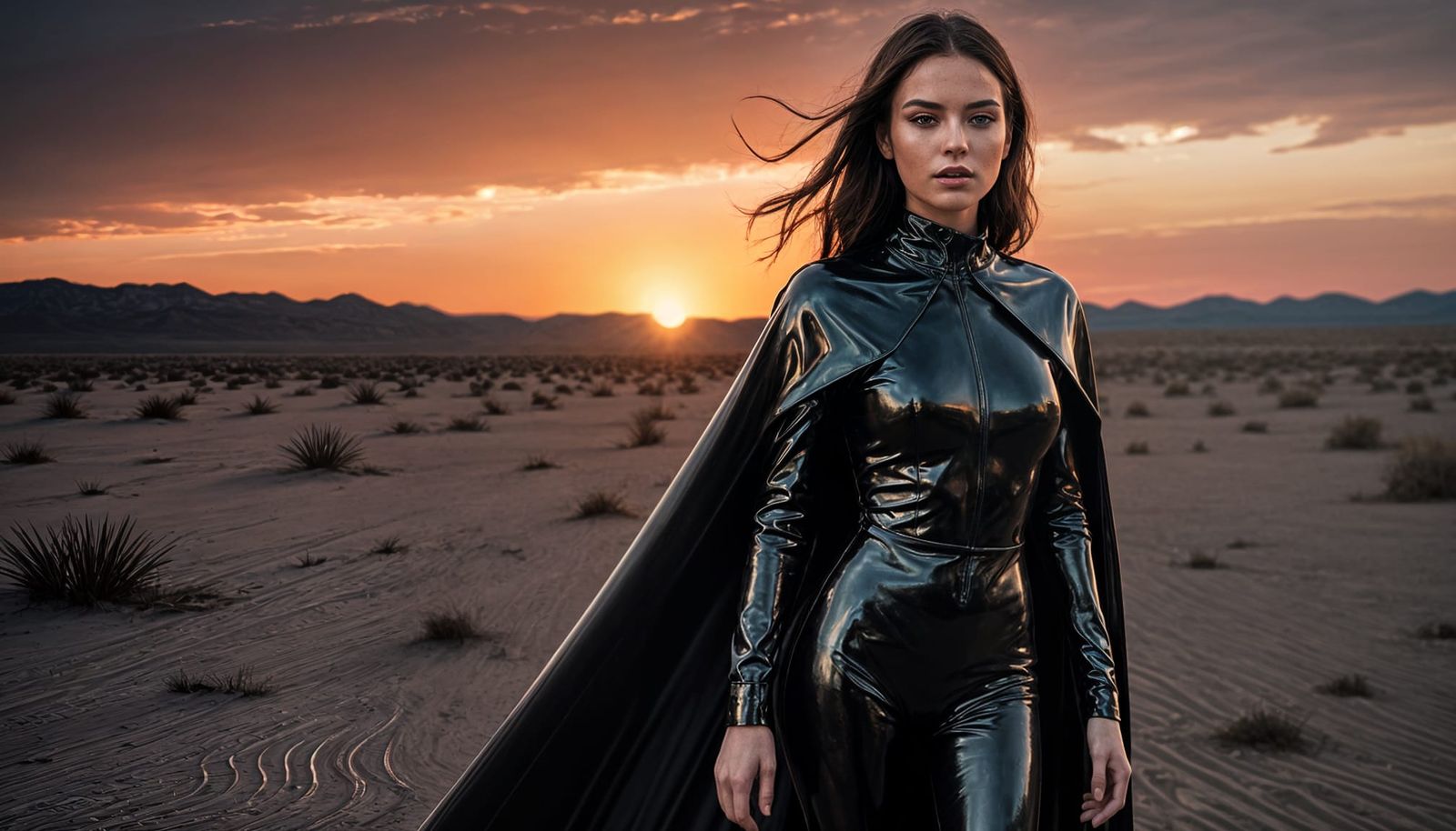 Futuristic Fashion Model in Latex Cape on Alien Plain