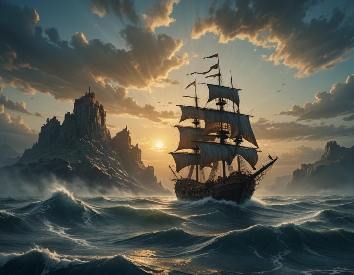 Medieval Galley Sails the Open Sea: Digital Matte Painting