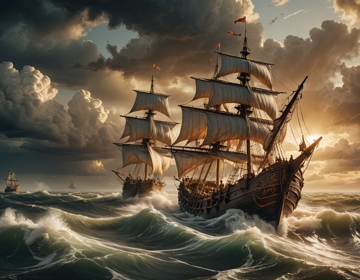 Medieval Galley Sailing Stormy Seas at Golden Hour