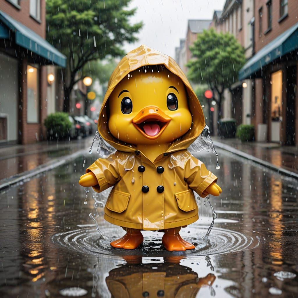 Laughing Kawaii Duck Splashing in Rain Puddle