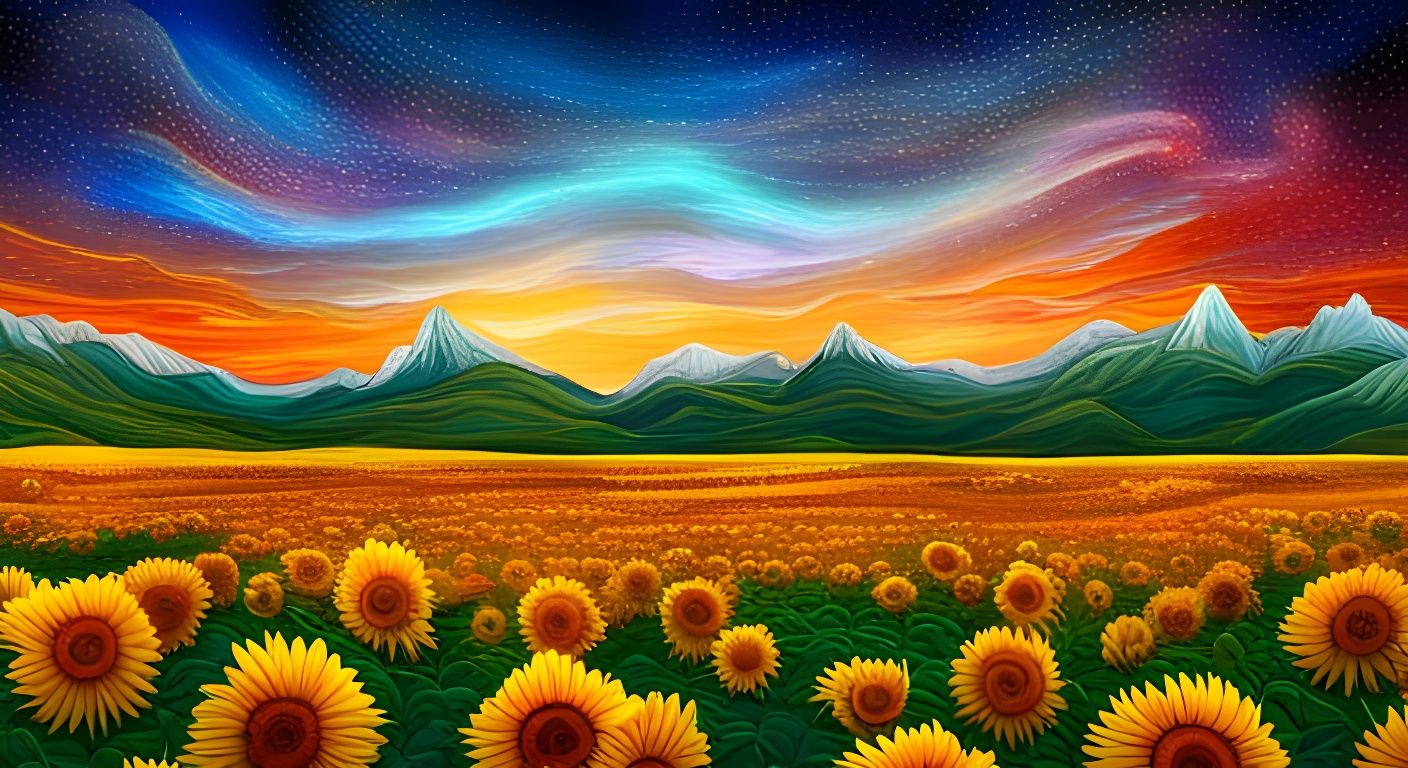 Glowing Sunflowers Under Alien Starscape, Astral Illustratio...