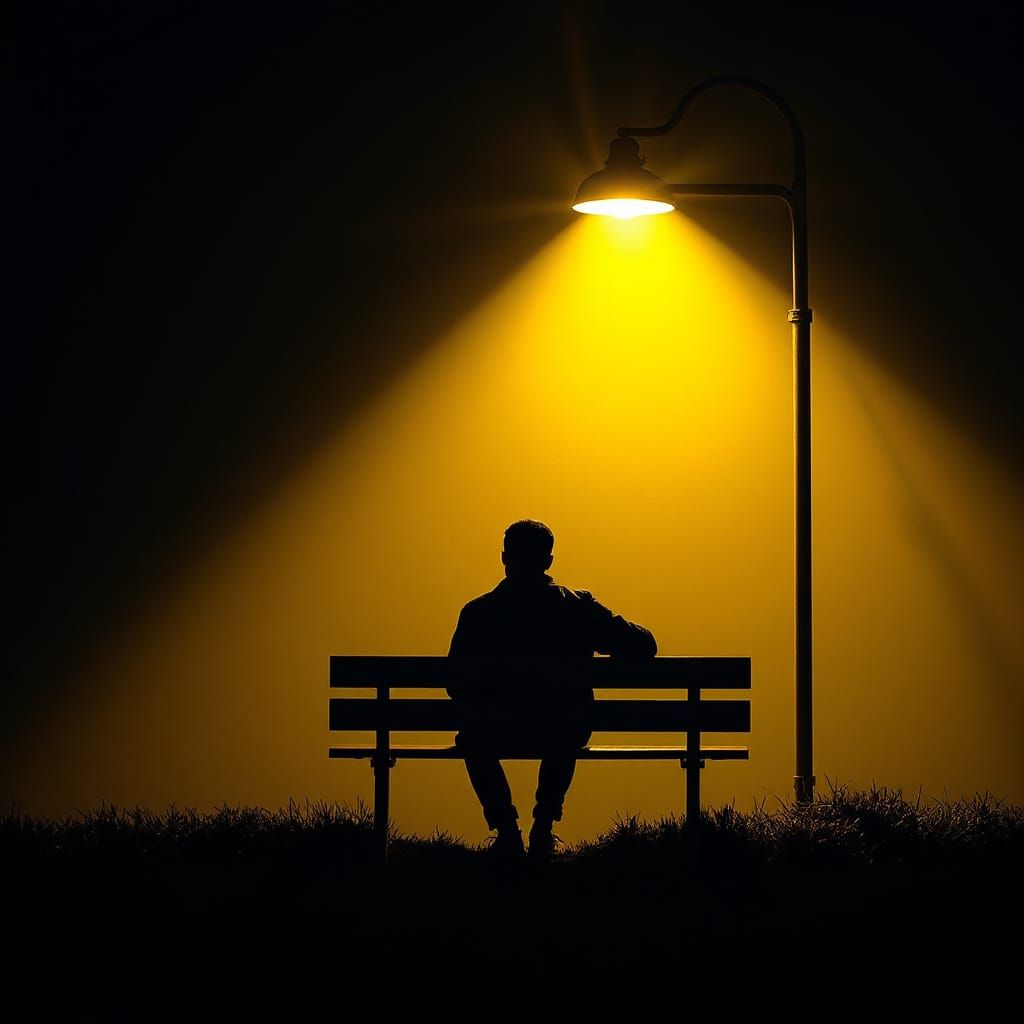 Lonely Figure Under Glowing Lamp in Papercut Style