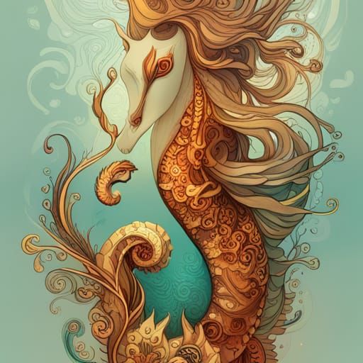Golden Seahorse Digital Painting with Intricate Details