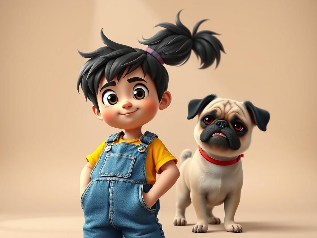 Cartoon Boy and Pug Puppy in Anime Style