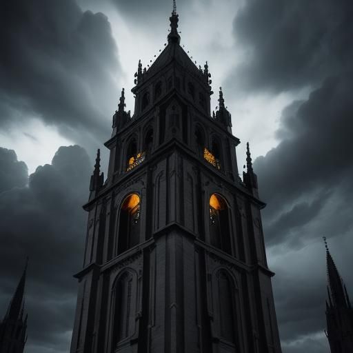 Priests Ringing Church Bells on Stormy Twilight