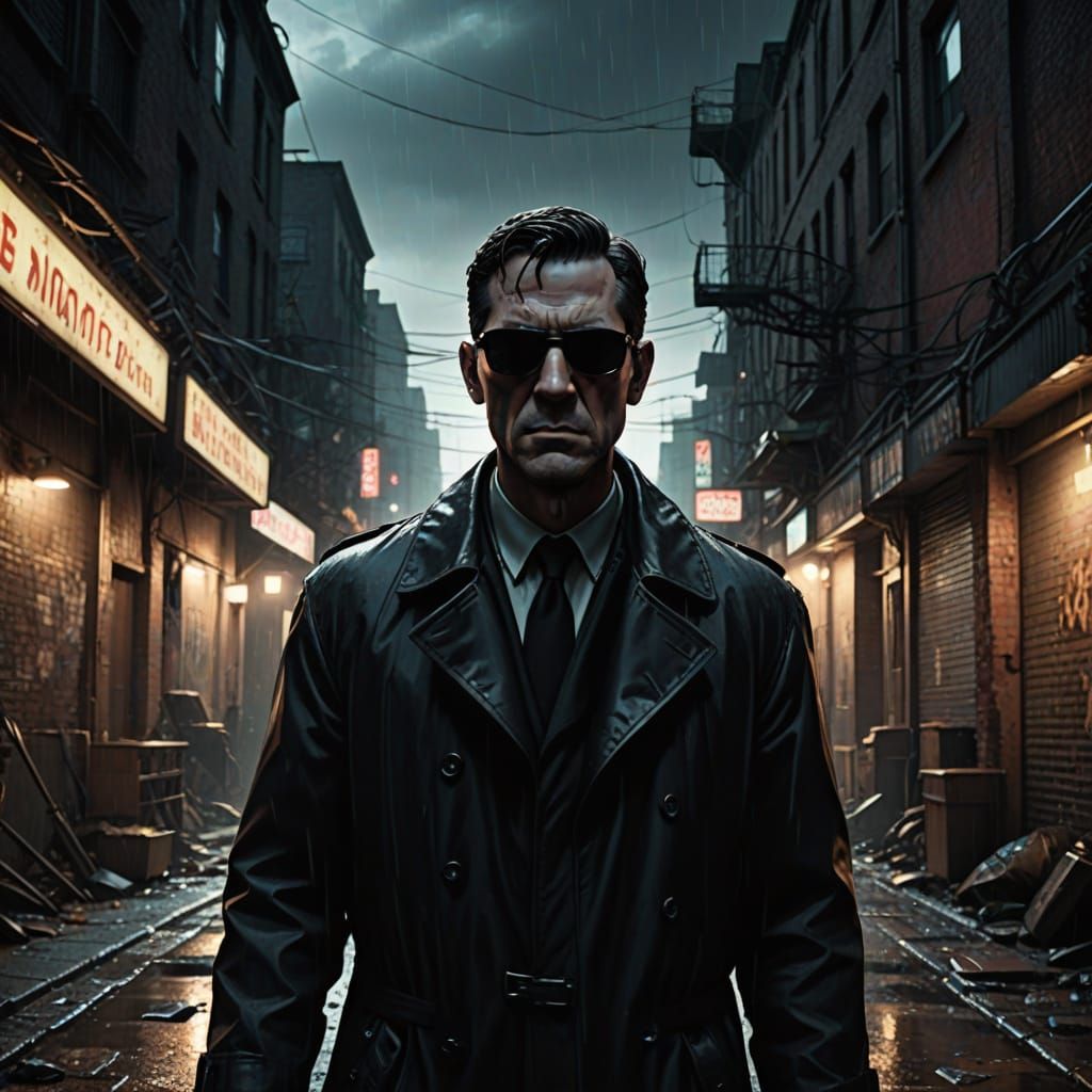 Men in Black Agent in Stormy Noir Alley