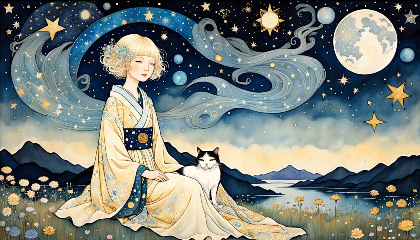 Celestial Goddess Offers Star as Art Nouveau Painting