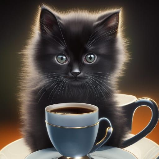 Adorable Fluffy Kitten Enjoying Tea at Night