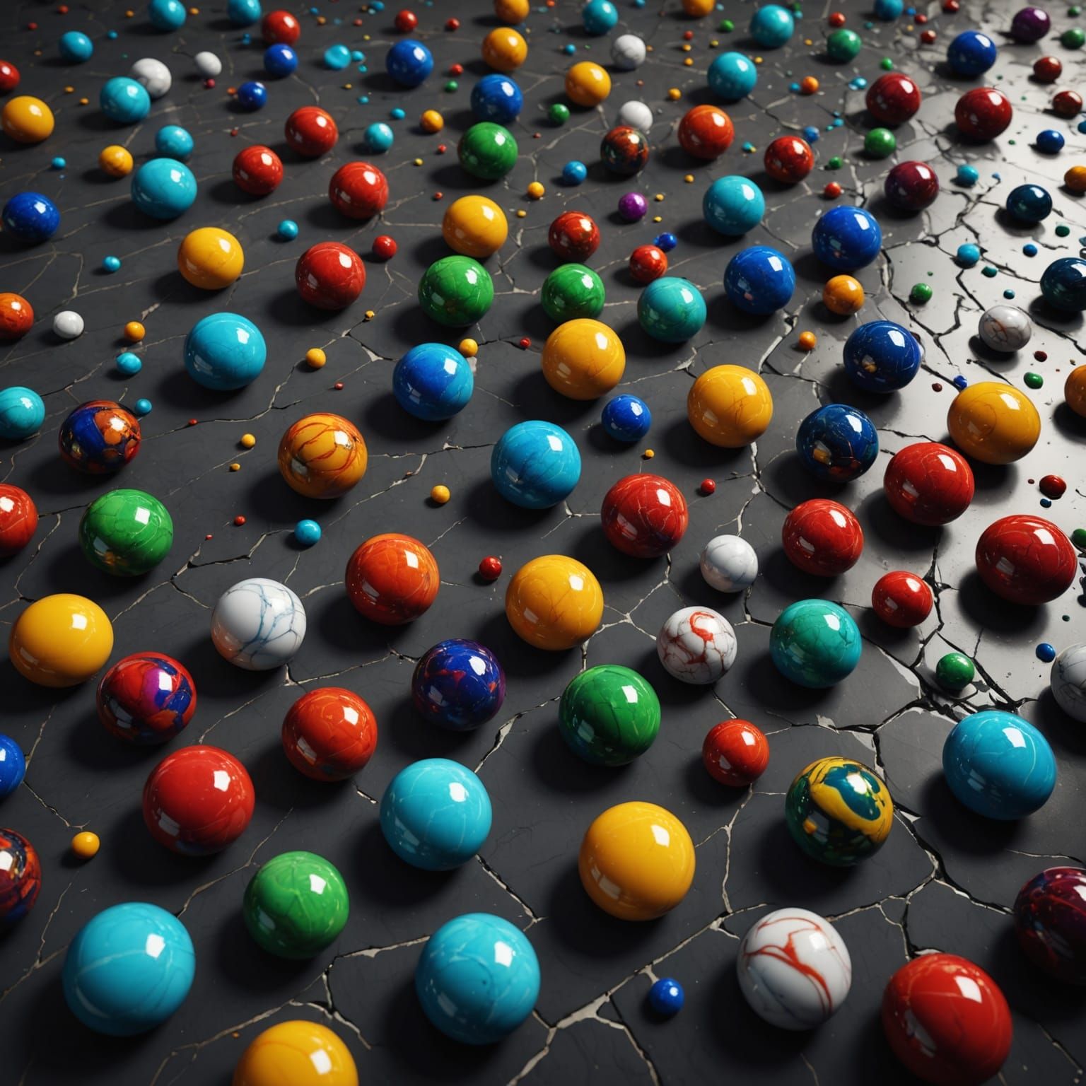 Vibrant Marbles on a Stone Floor in a Fantastical Landscape