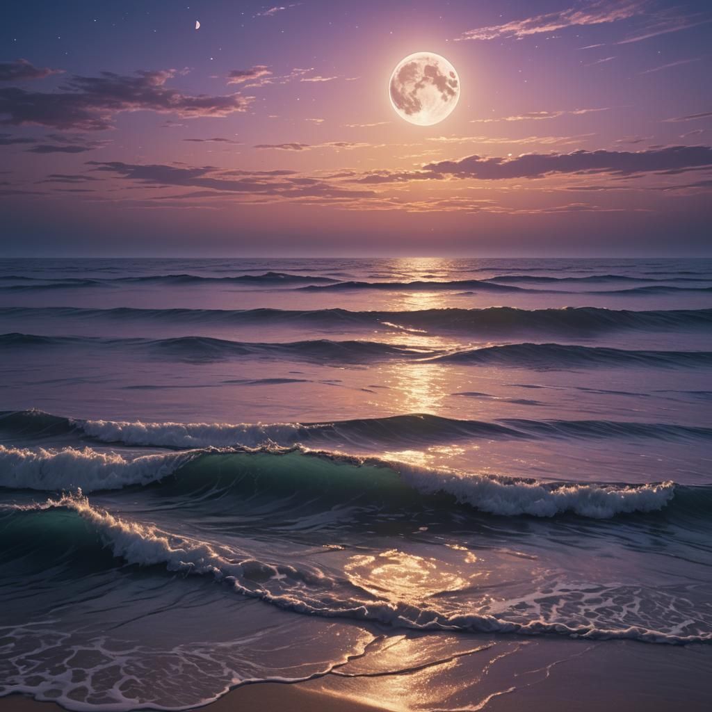 Iridescent Ocean Waves Under Soft Moonlight