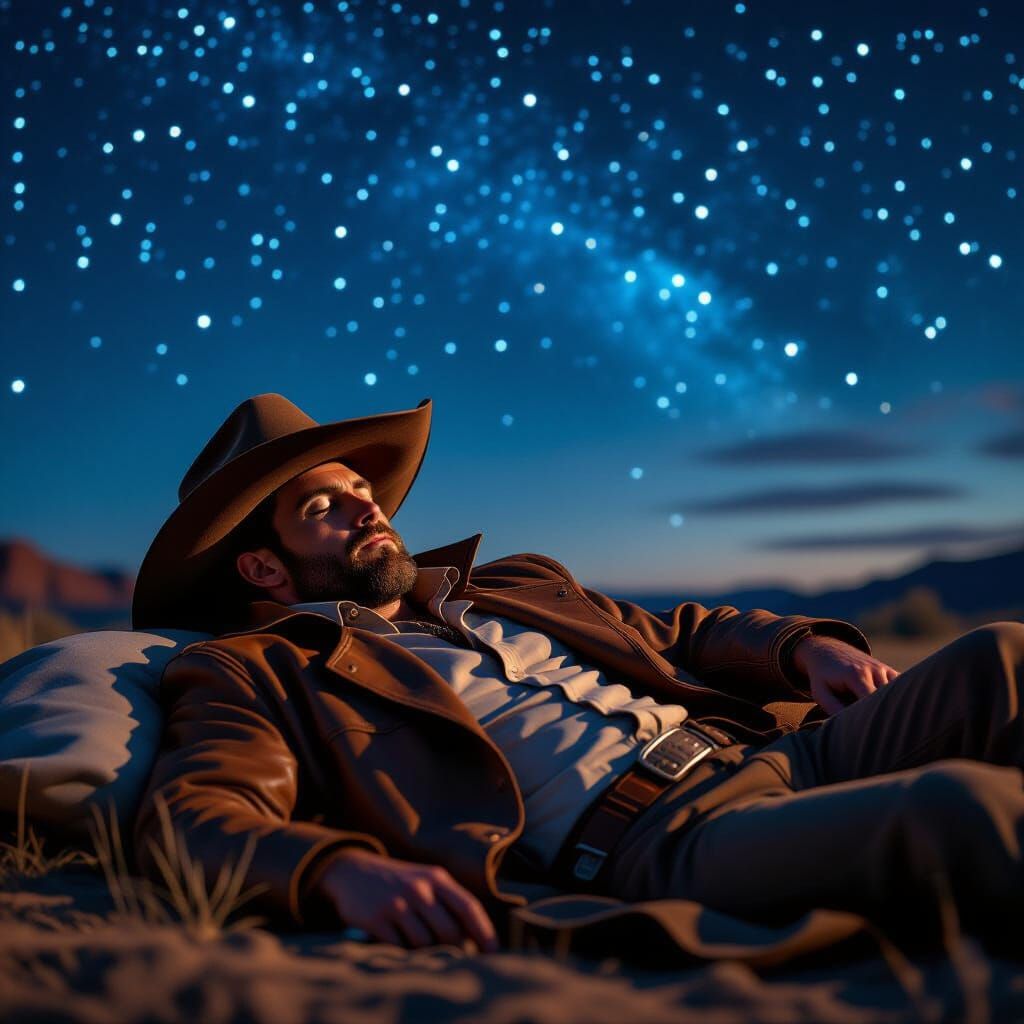 Cowboy Sleeps Under Starry Night Sky