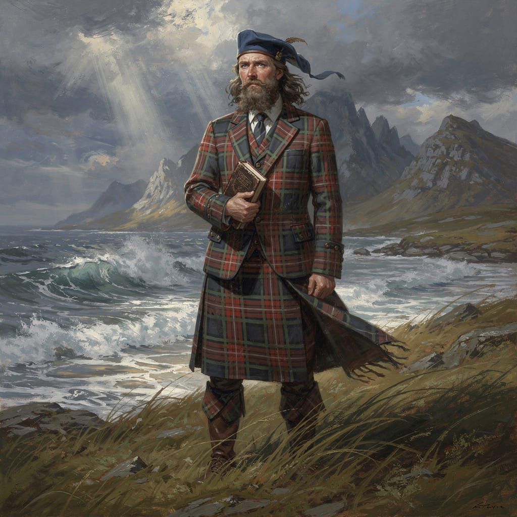 Tartan Clad Highlander with Bible on Windswept Hill