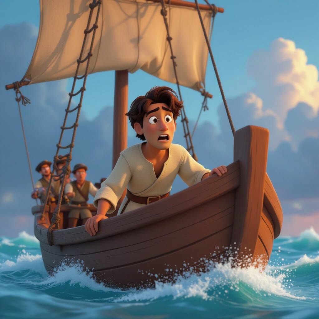 Nervous Man Hiding on Cartoon Ship in Pixar Style