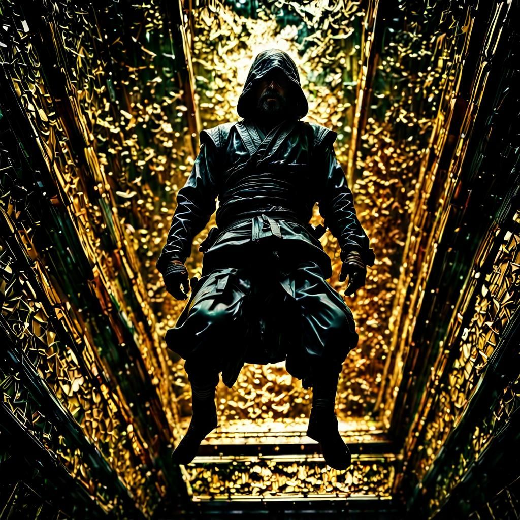 Upside-Down Ninja in Hyperrealistic Mixed-Media Photo