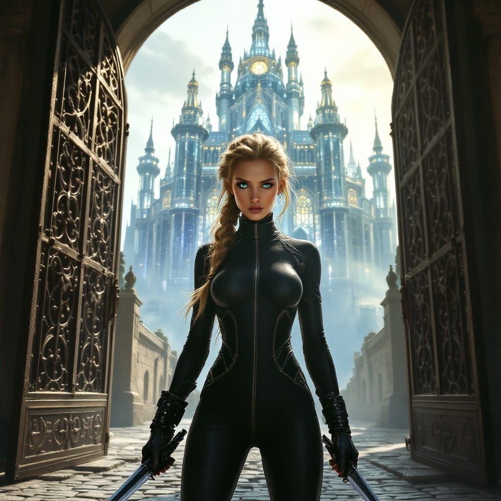 Stealthy Assassin Confronts Glass Gothic Castle in Dark, Fut...