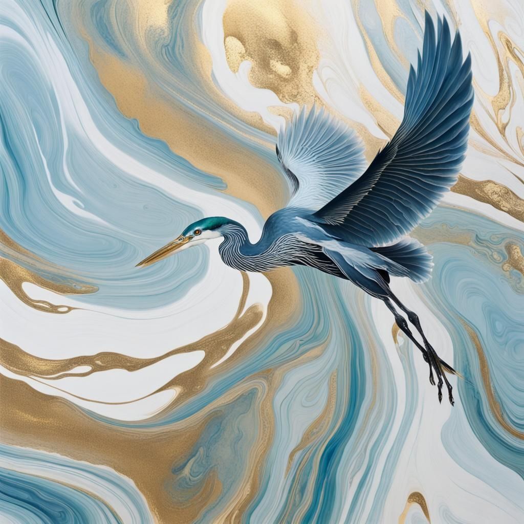 Abstract Suminagashi Marbling with Flying Heron