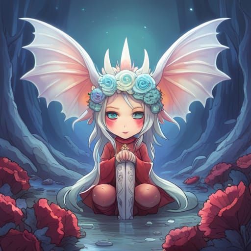 Chibi Dragon with Flower Crown: Fantasy Art