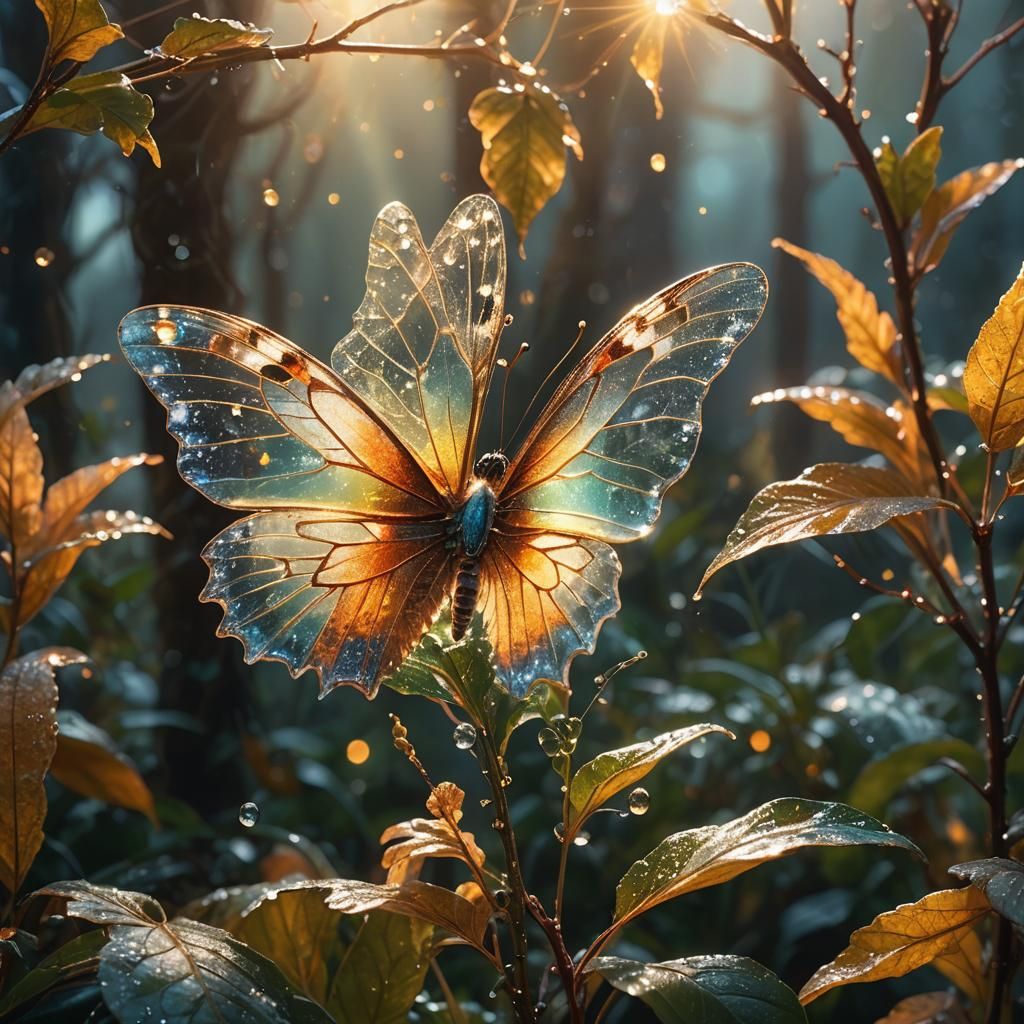 Crystal Butterfly on Dewy Leaf: Digital Matte Painting
