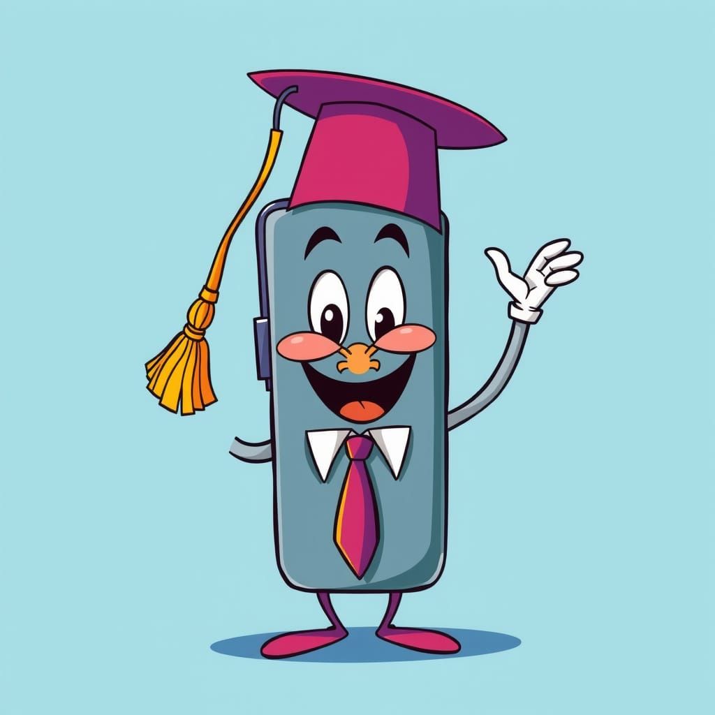 Cheerful Cartoon Cell Phone in Exaggerated Graduated Hat