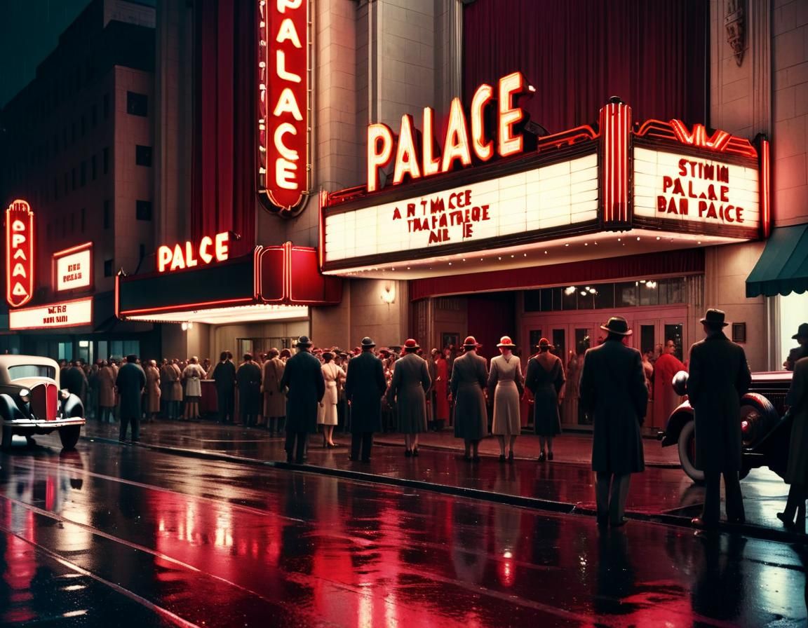 1930s Art Deco Movie Palace at Night