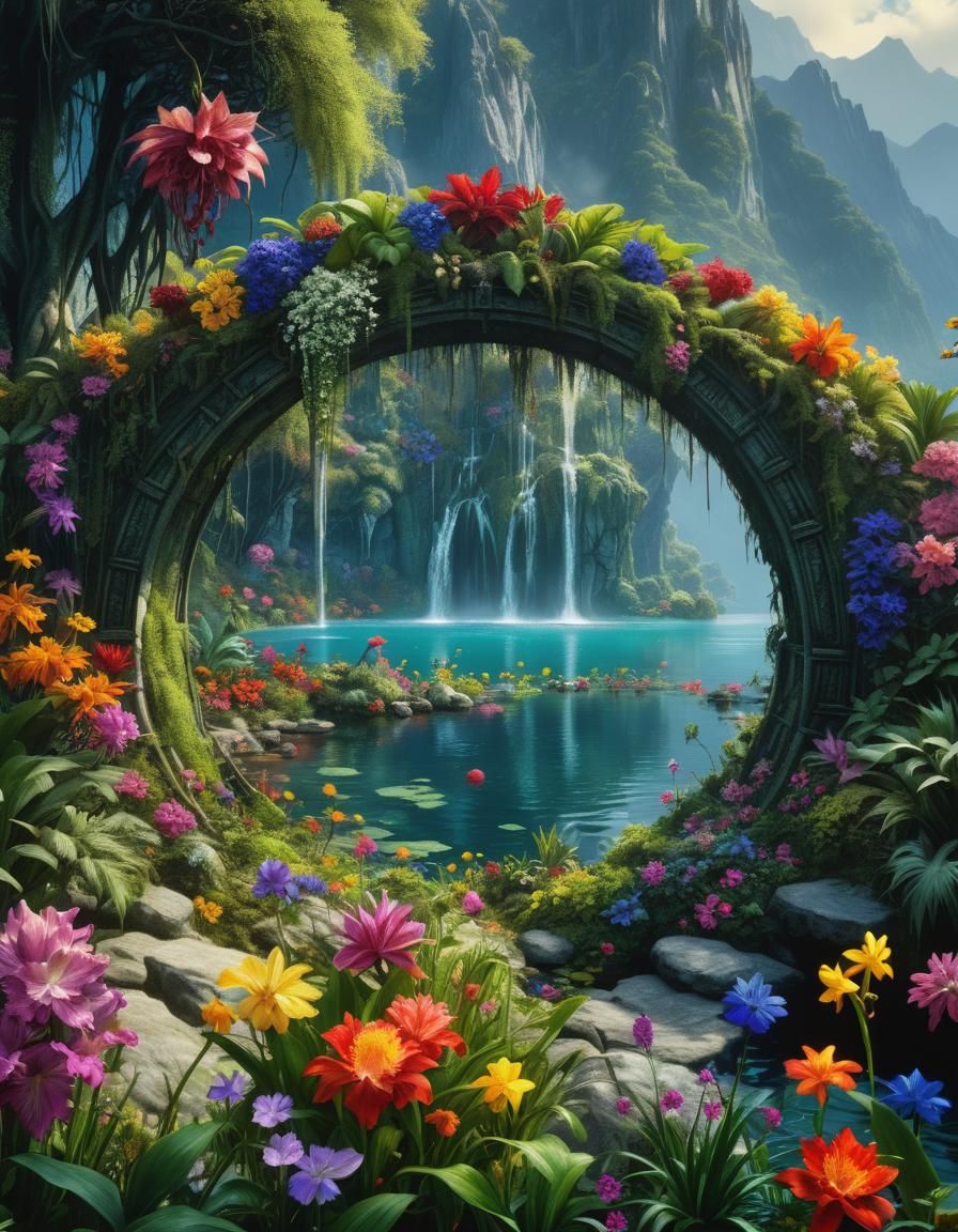 Extraordinary Waterfall in Rackham-esque Fantasy Jungle