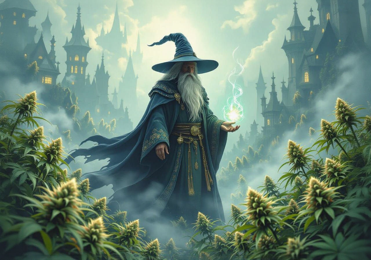 Mystical Wizard in Weed Field: Digital Art