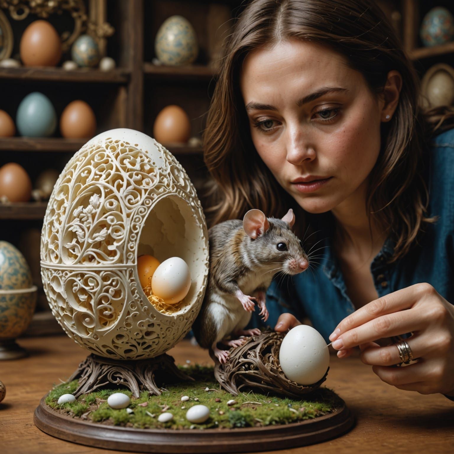 Mouse Sculpting Egg Watched by Woman: Hyperrealistic
