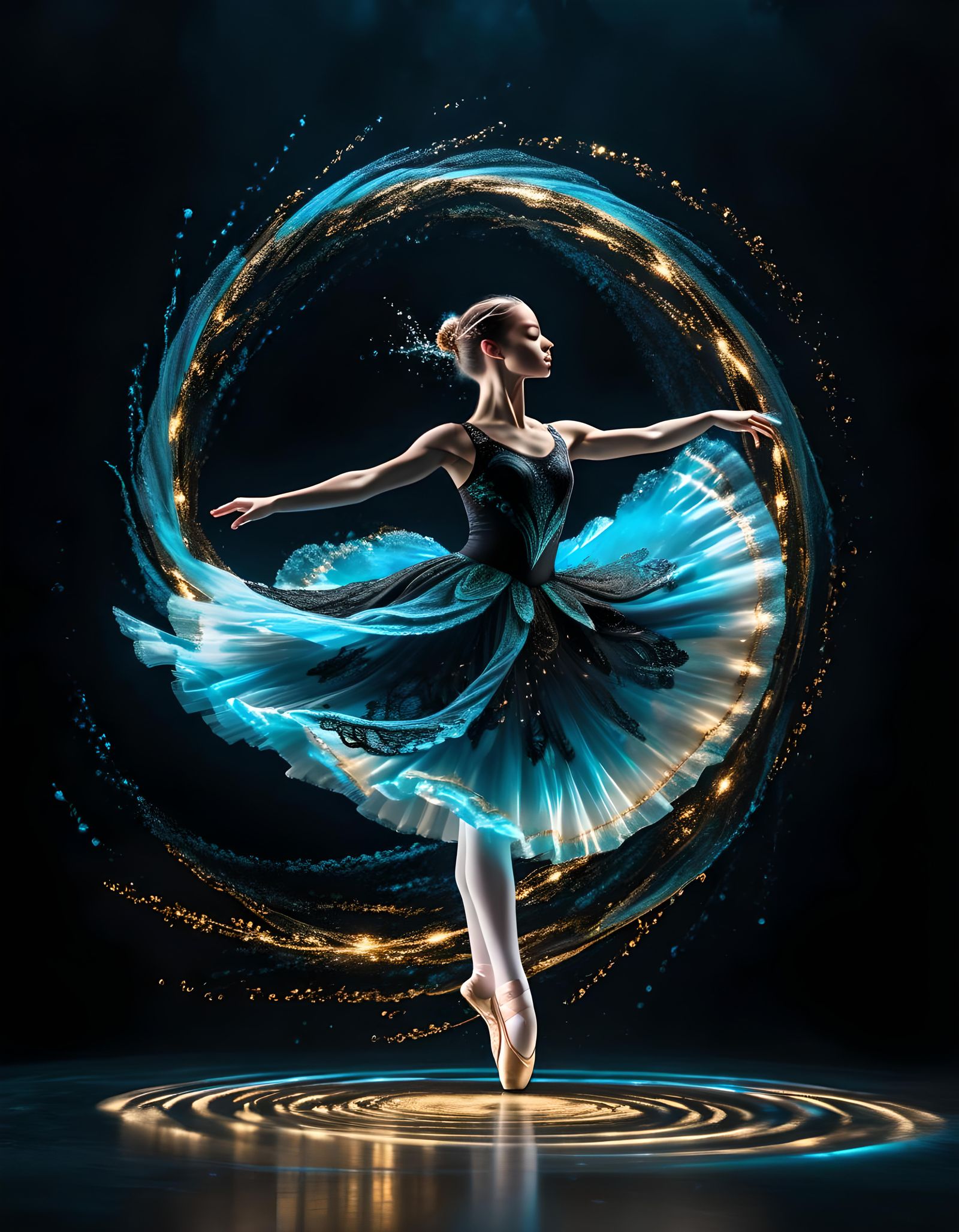 Oneiric Ballerina Dancing in Cyan Light