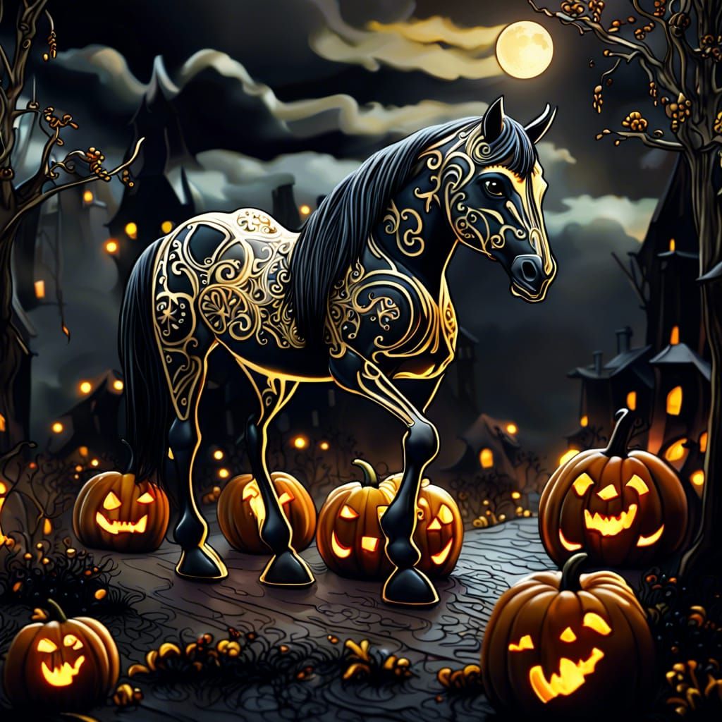 Halloween Horse with Crystals and Haunted House