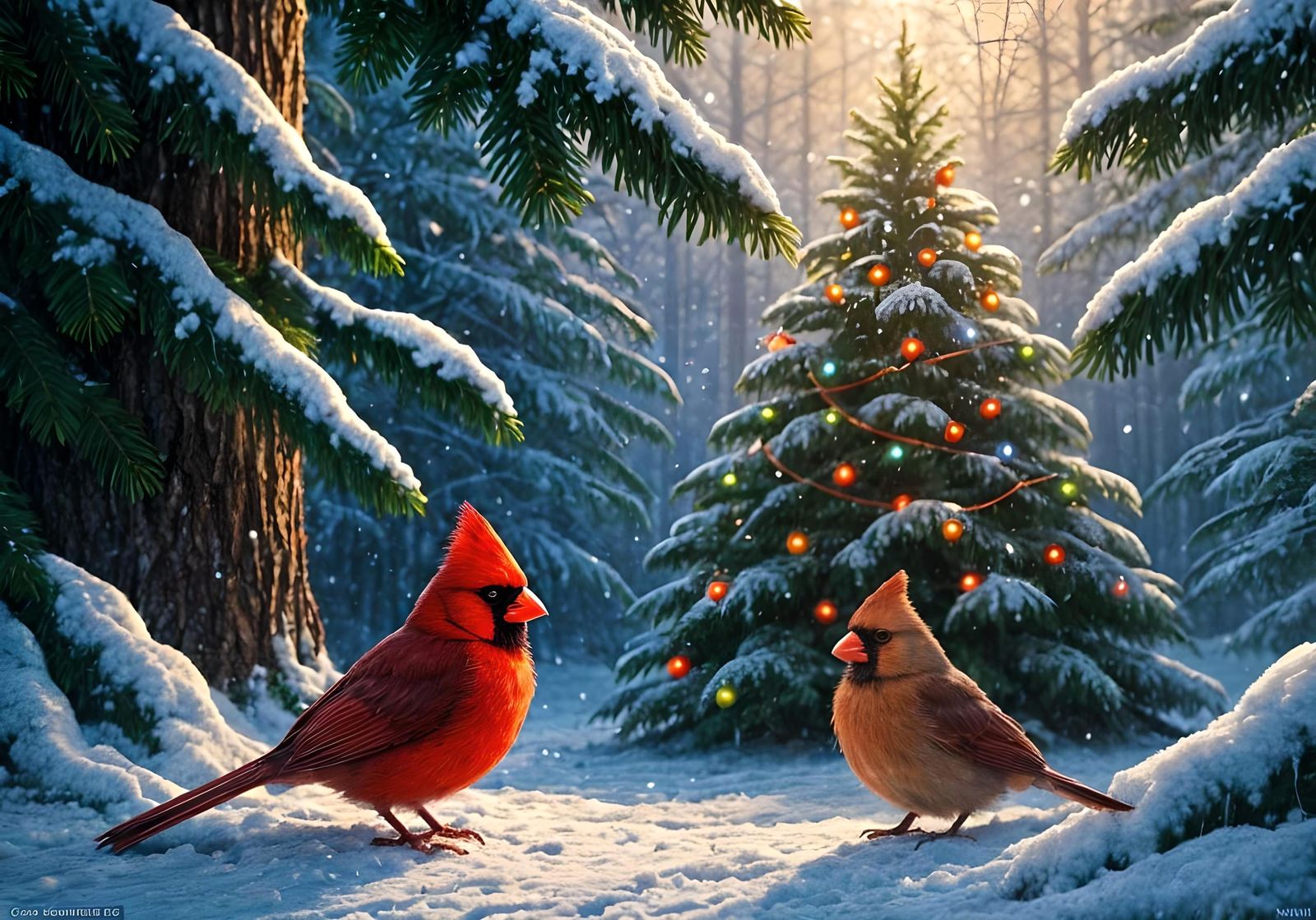Cardinals in Winter Forest with Christmas Lights