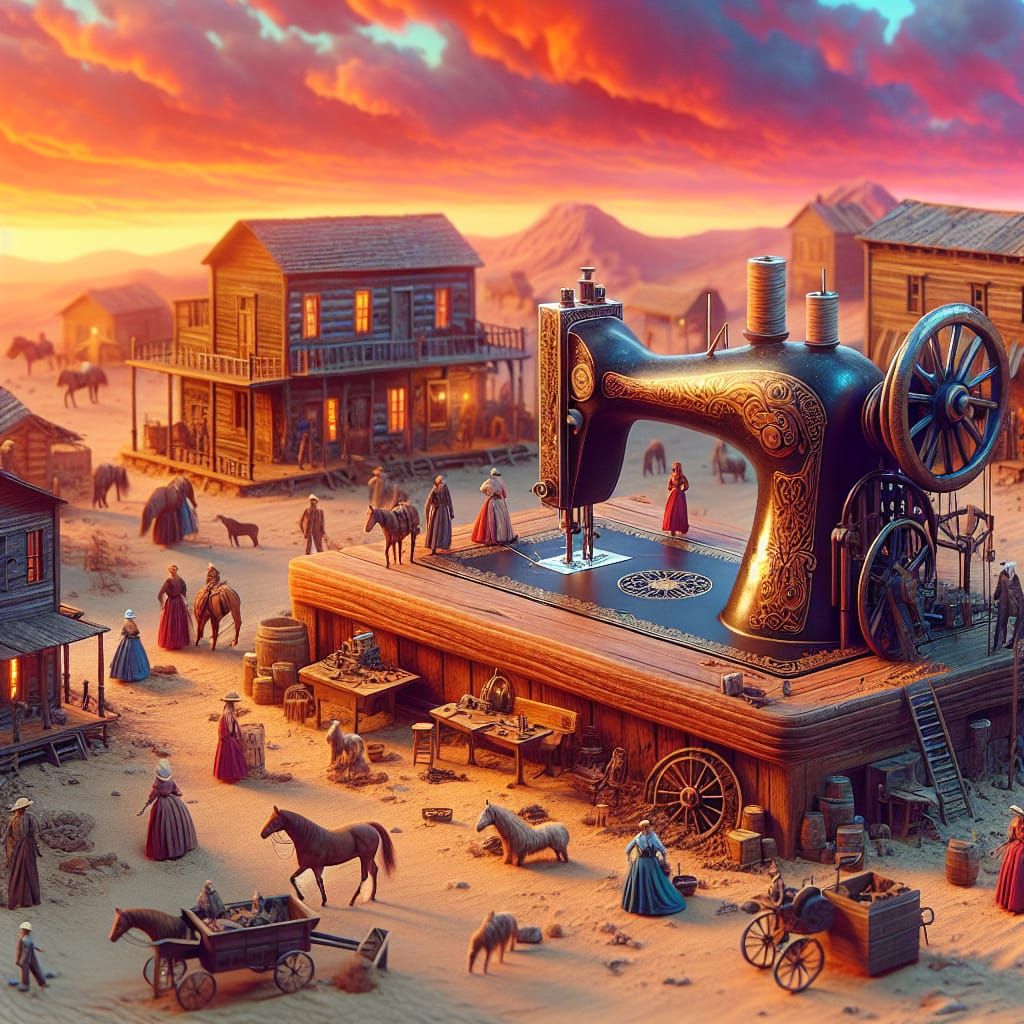 Miniature Desert Town Under Giant Sewing Machine