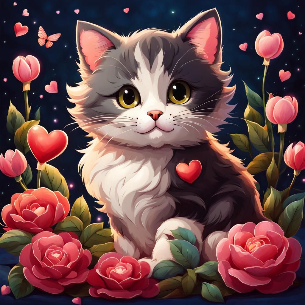 Cat Surrounded by Flowers in Art Nouveau Style