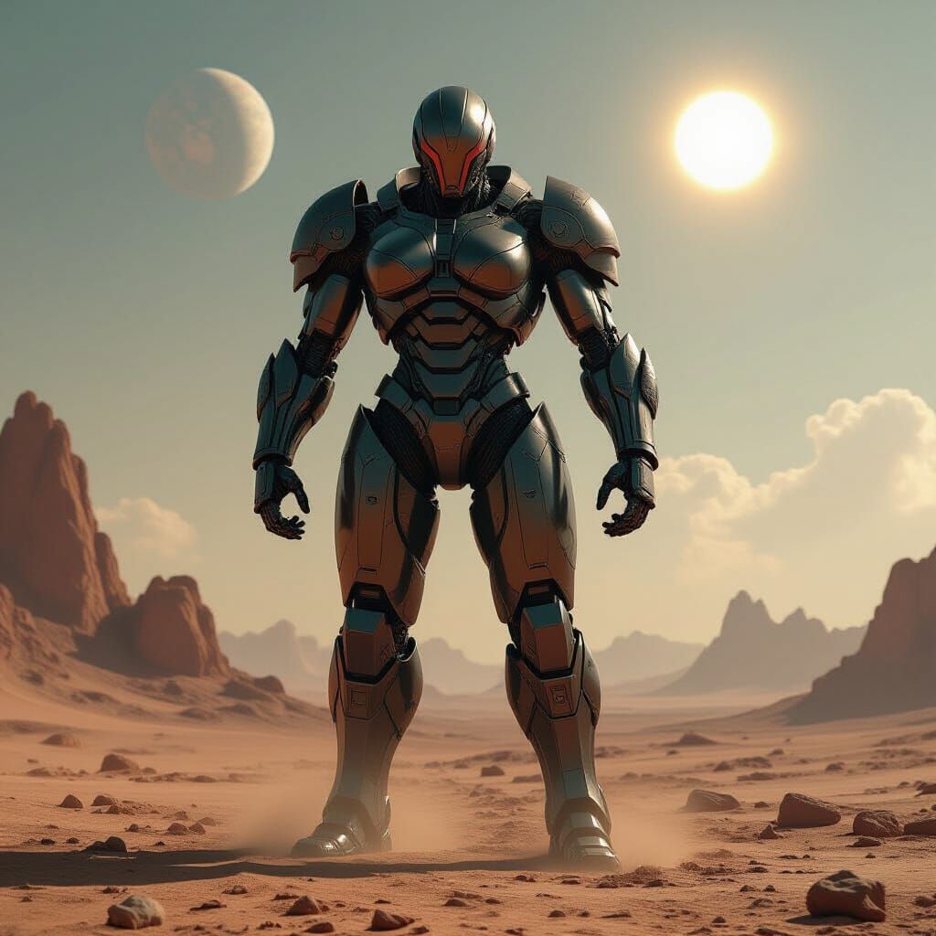 Colossal Cyborg Warrior on Alien Planet