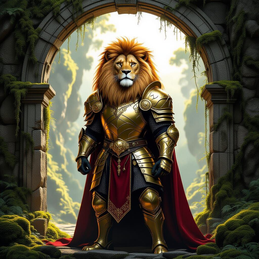 Armored Lion Guarding Ancient Archway