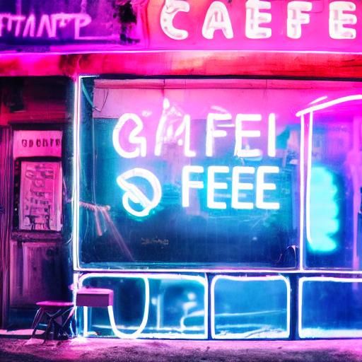 Goth Model in Neon-Lit Cyberpunk Coffee Shop