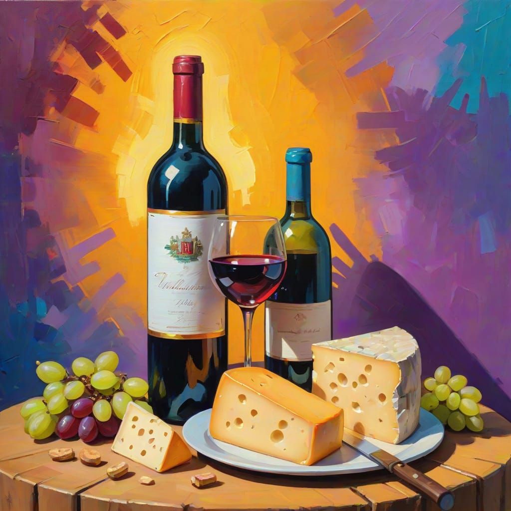 Vibrant Fauvist Painting of Wine and Cheese