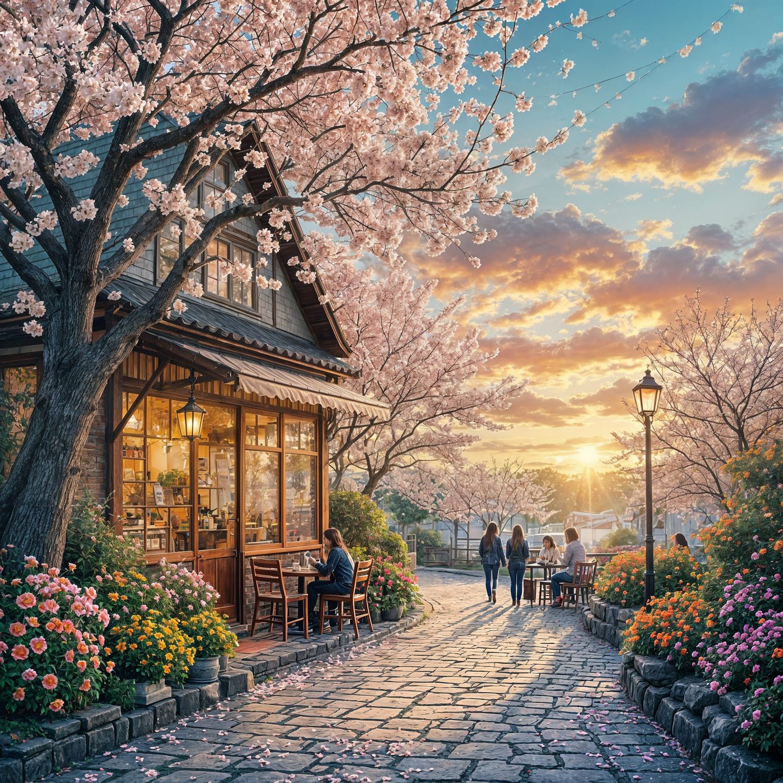 Cozy Coffee Shop Amidst Cherry Blossoms at Sunset