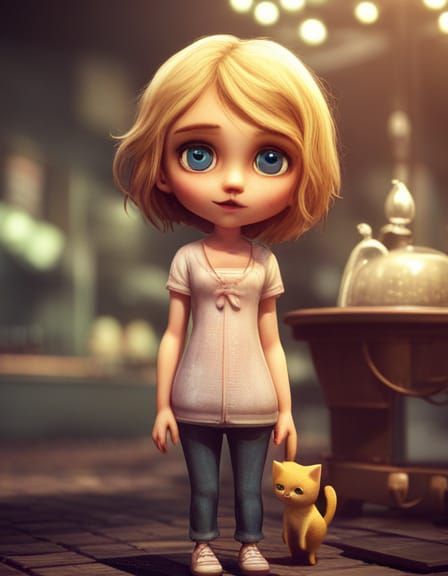 Macabre Chibi Girl and Cat in Surreal Cafe