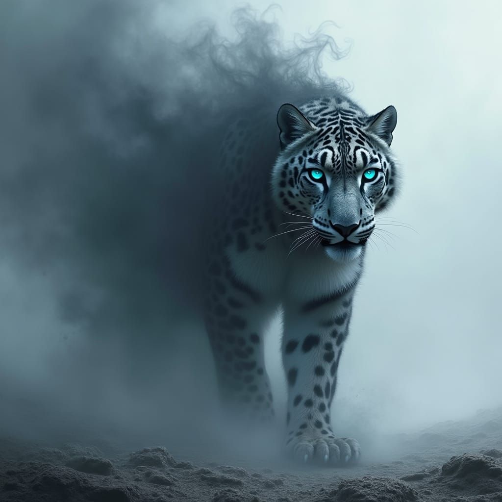 Ethereal Snow Leopard Emerges from Smoke