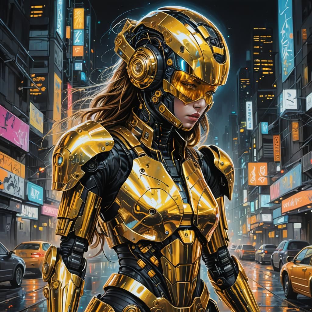 Cyborg Lady in Gold Helmet in Neon Cityscape