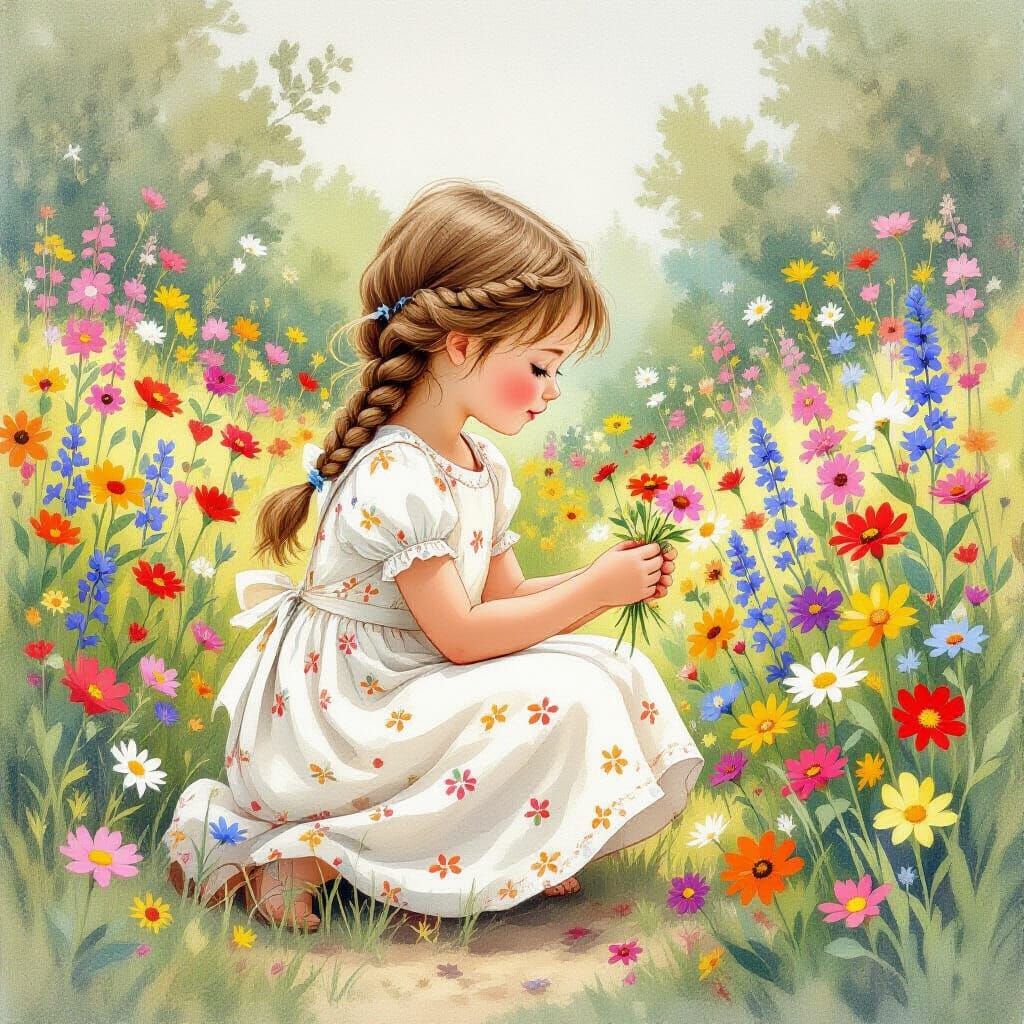 Girl Picking Flowers in Whimsical Gouache Garden